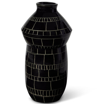Black mosaic vase on a white background by ceramicist Wayne Perry in Los Angeles